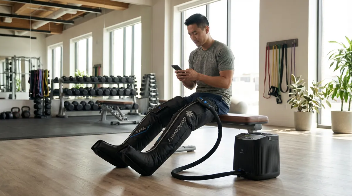 A man in a bright gym using CoolCovery boots while checking his phone.