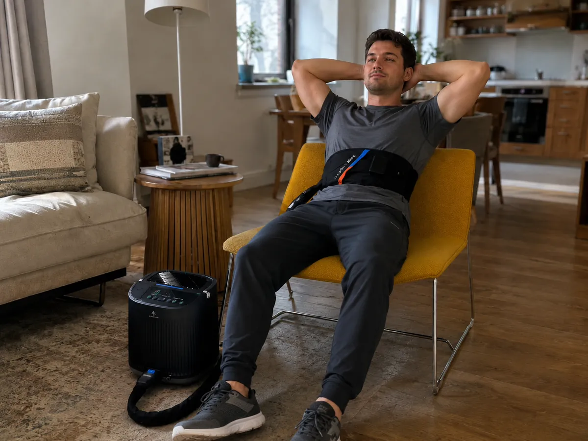 A man in a chair wearing the CoolCovery vest, control unit beside him.